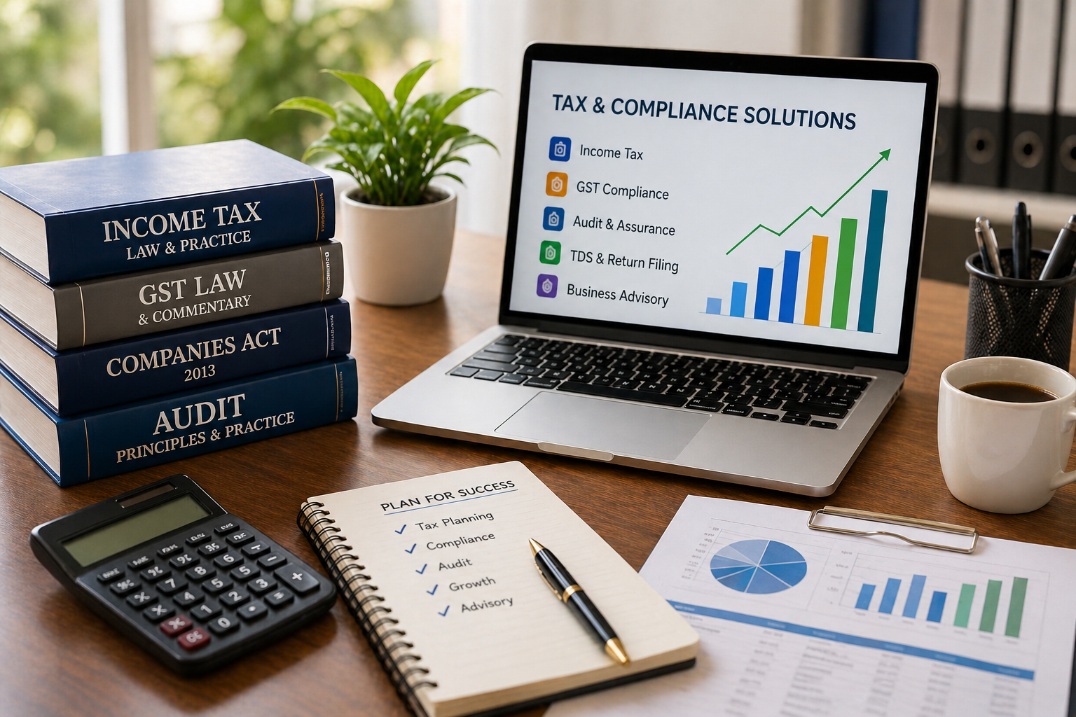 Professional financial documents, calculator and ledger